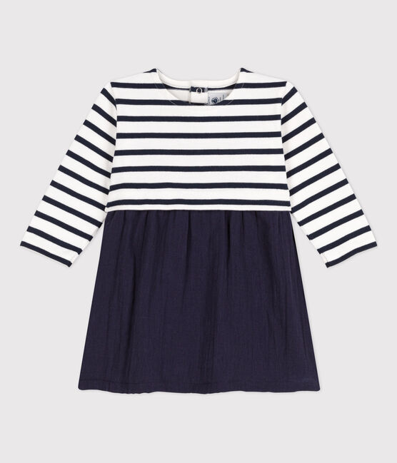 Babies' Long-Sleeved Dual Material Dress SMOKING blue/MARSHMALLOW white