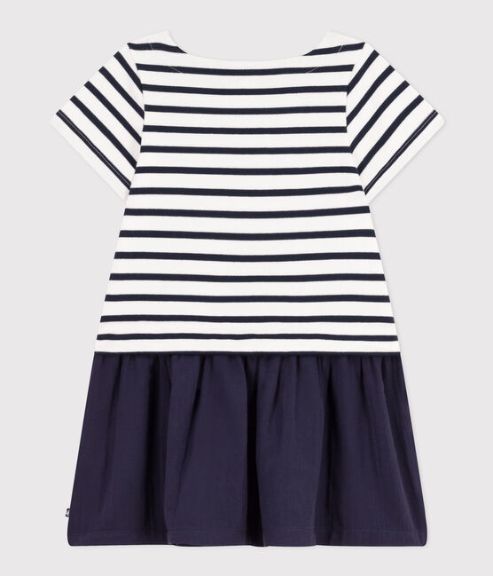 Little Girls' Short-Sleeved Thick Jersey and Cotton Gauze Dress MARSHMALLOW white/SMOKING blue