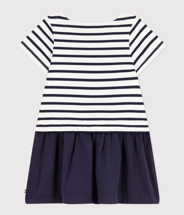 Little Girls' Short-Sleeved Thick Jersey and Cotton Gauze Dress white/blue