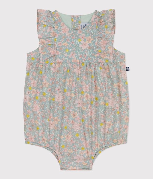 Babies' sleeveless floral print cotton gauze rompers blue/multicolor