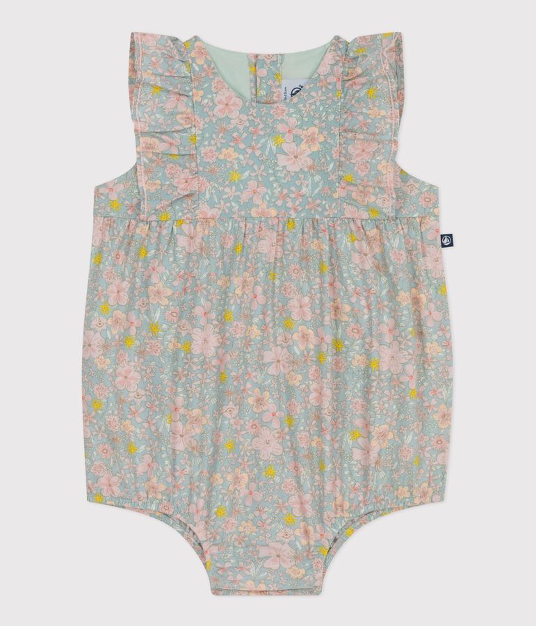 Babies' sleeveless floral print cotton gauze rompers blue/multicolor