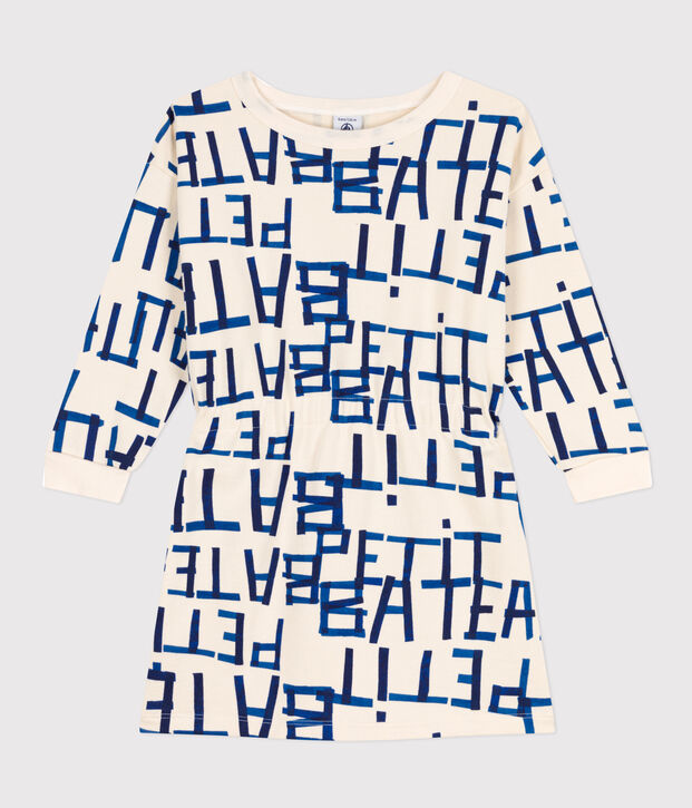 Girls' long-sleeved printed dress in brushed fleece. Ecru/multicolor