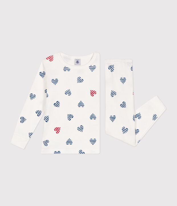 Children's long-sleeved heart print cotton pyjamas white/multicolor