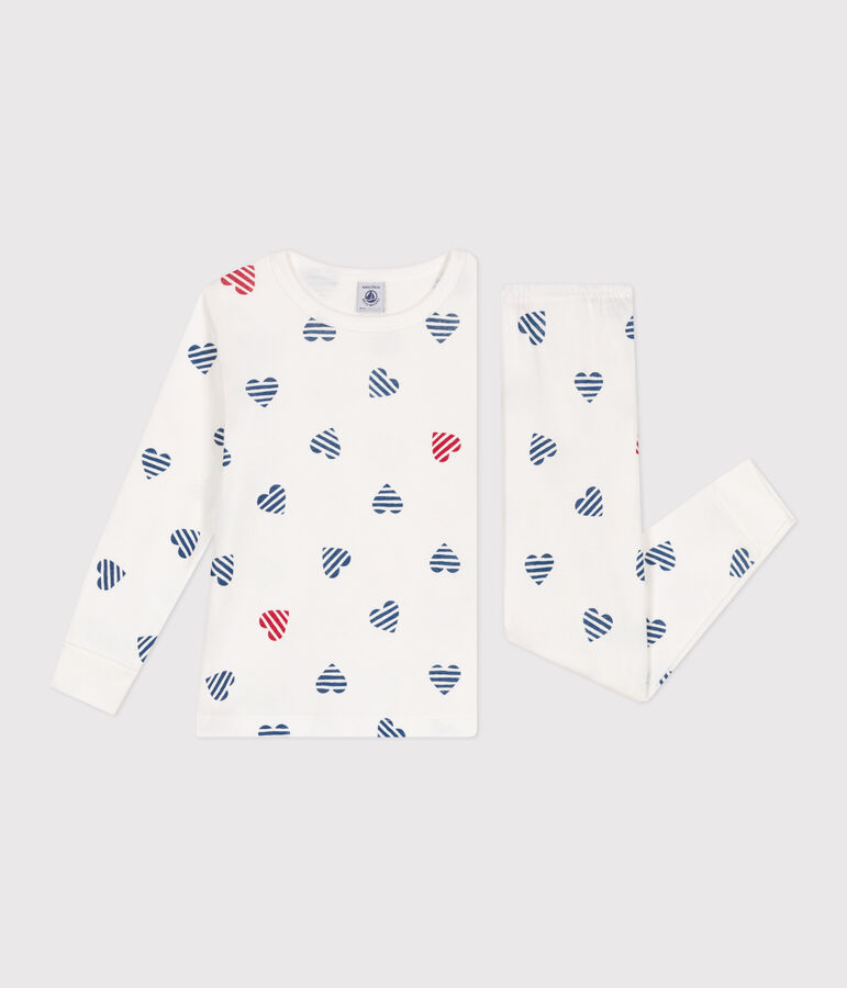 Children's long-sleeved heart print cotton pyjamas MARSHMALLOW white/MULTICO white