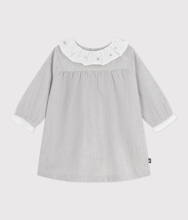 Babies' long-sleeved plain flannel dress with a collar grey