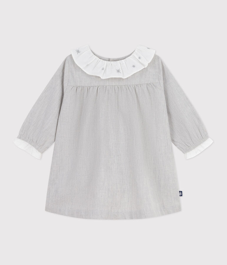 Babies' long-sleeved plain flannel dress with a collar grey