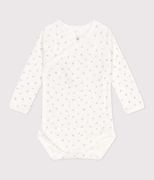 Babies' long-sleeved wrapover cotton bodysuit white/blue
