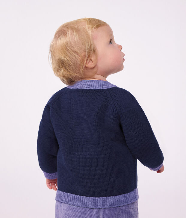 Babies' jaquard heart pattern cardigan knitted in wool and cotton blue/multicolor