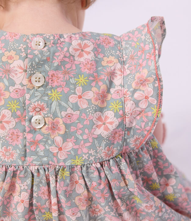 Babies' short-sleeved cotton dress and matching bloomers printed with hearts blue/multicolor