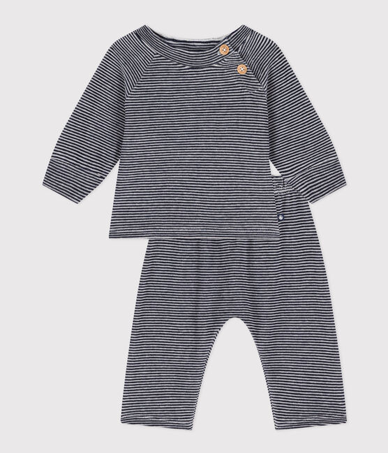 Babies' Stripy Velour Three-Piece SMOKING blue/MARSHMALLOW white