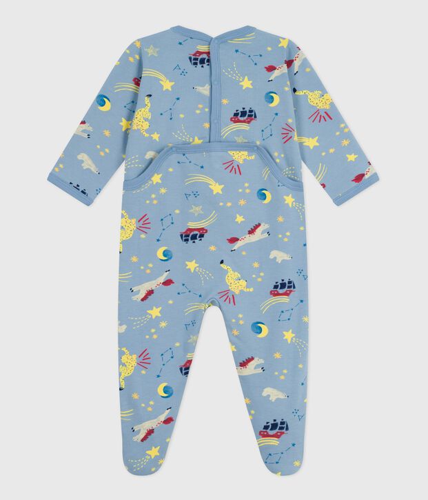 Babies' brushed fleece printed pyjama suit with a back opening blue/white
