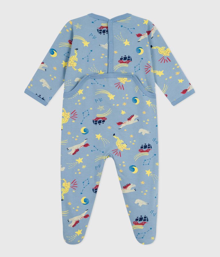 Babies' brushed fleece printed pyjama suit with a back opening blue/white