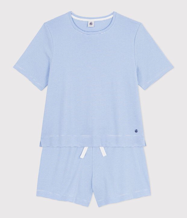 Women's short stripy cotton pyjamas blue/white