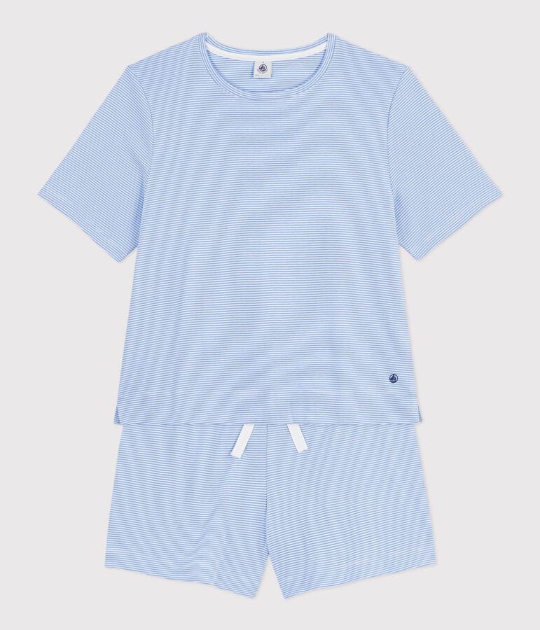 Women's short stripy cotton pyjamas blue/white