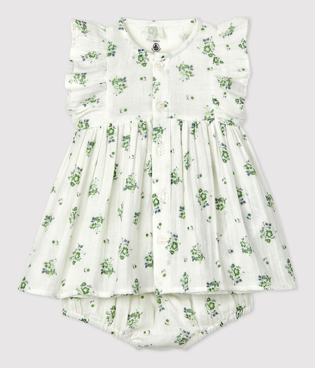 Babies' Organic Cotton Gauze Floral Print Dress With Bloomers white/multicolor