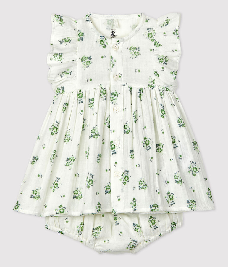 Babies' Organic Cotton Gauze Floral Print Dress With Bloomers white/multicolor