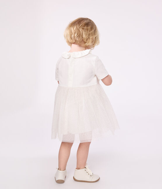 Babies' short-sleeved cotton and tulle dress with a ruff MARSHMALLOW white/COPPER pink