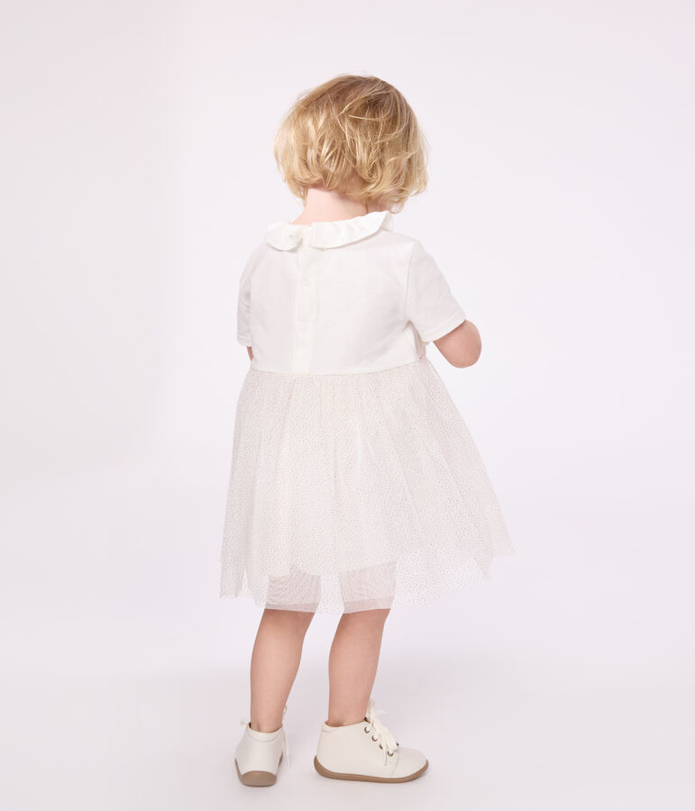 Babies' short-sleeved cotton and tulle dress with a ruff white/pink