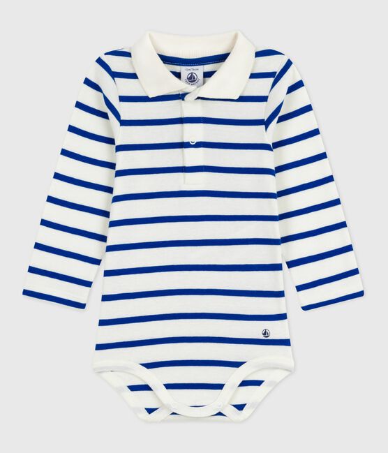 Babies' stripy cotton body with a polo shirt collar MILK blue/OLYMPIC
