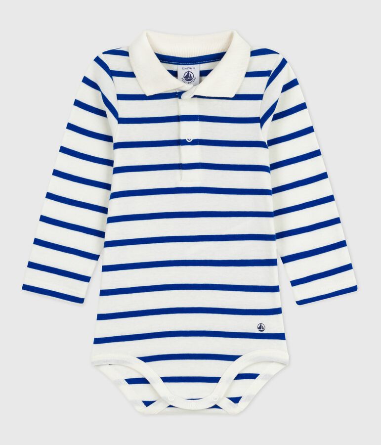 Babies' stripy cotton body with a polo shirt collar Ecru/blue