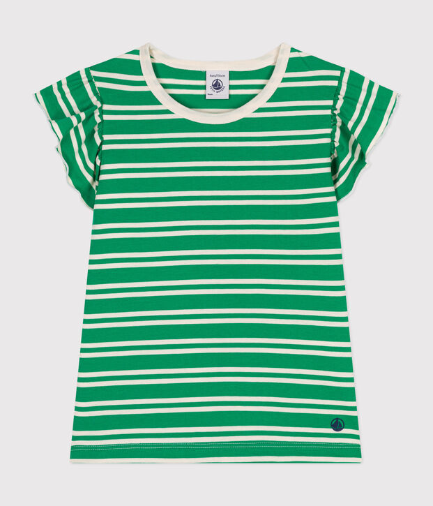 Girls' Lightweight Striped Jersey T-Shirt green/ecru