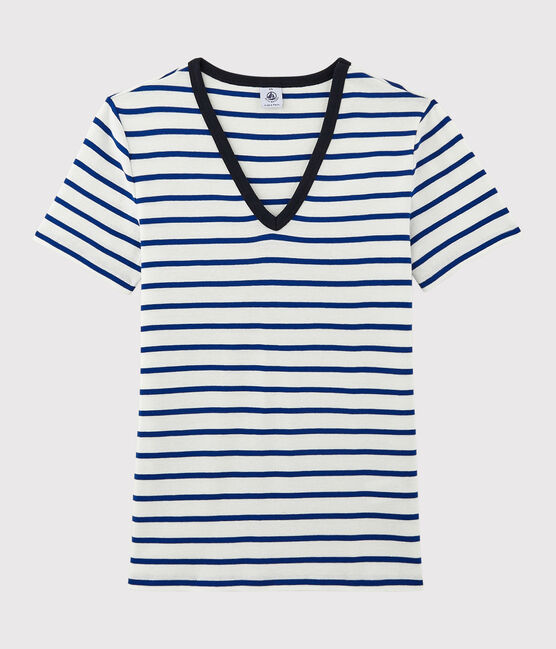 Women's Iconic V-Neck Cotton T-Shirt MARSHMALLOW white/SURF blue