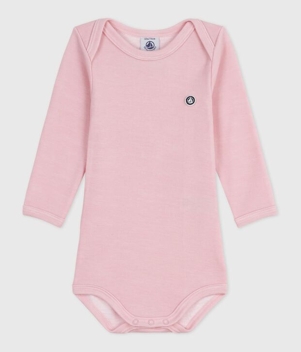 Babies' long-sleeved body in wool and cotton pink