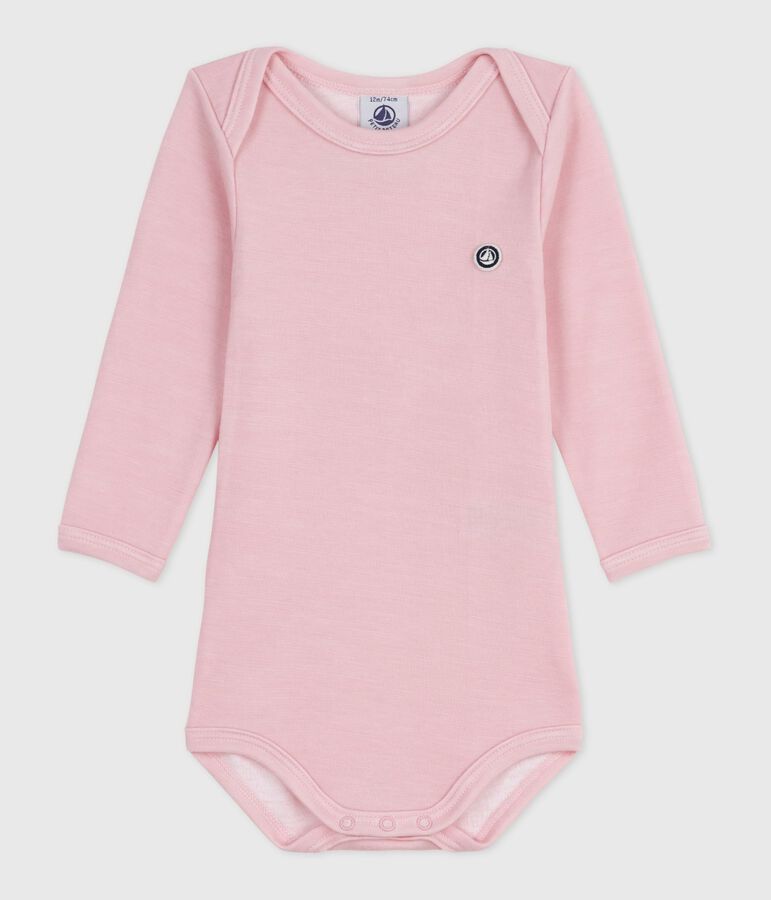 Babies' long-sleeved body in wool and cotton pink