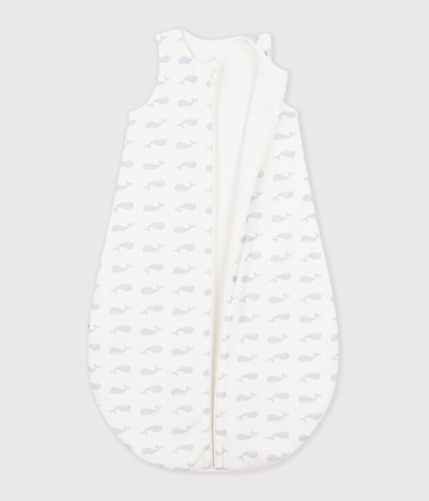 Babies' 3 TOG-rated whale print cotton sleeping bag white/blue