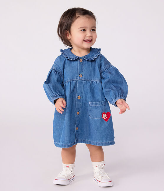 Babies' long-sleeved denim dress with a collar DENIM CLAIR blue