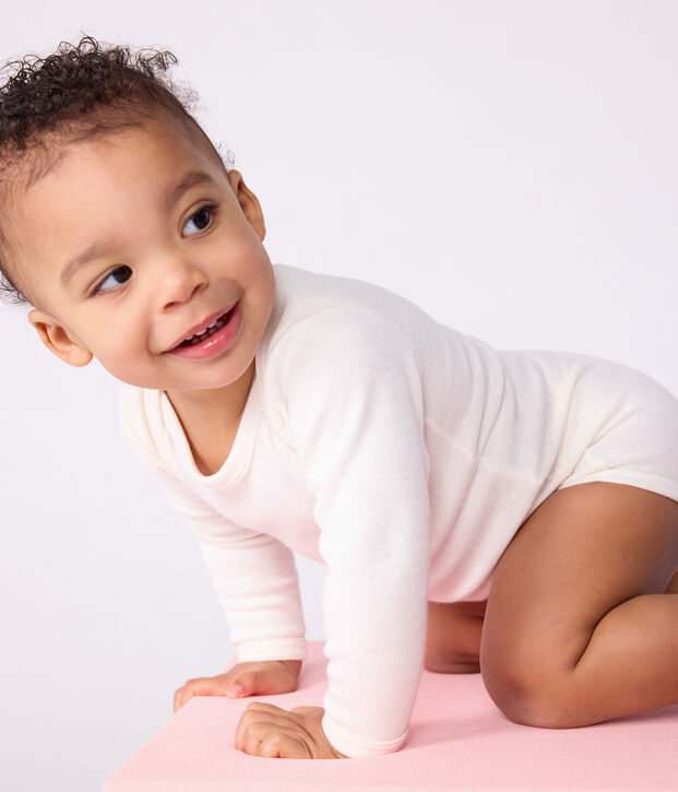 Babies' long-sleeved body in wool and cotton beige