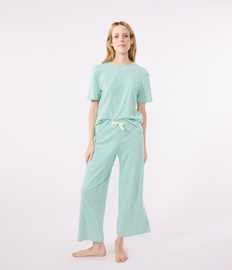 Women's wide-leg stripy cotton pyjamas ALOEVERA green/MARSHMALLOW white