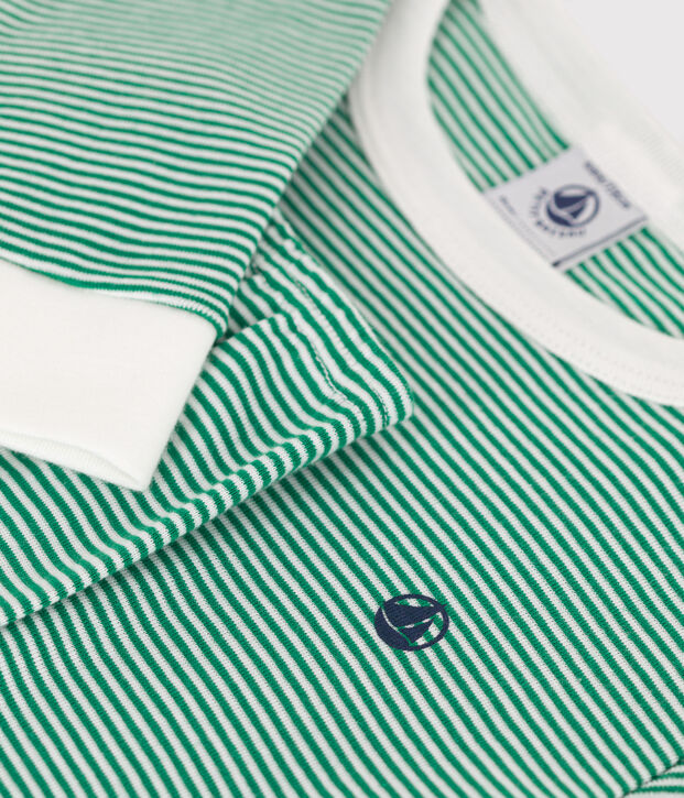 Children's snug-fitting stripy cotton pyjamas green/white