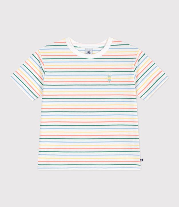 Children's short-sleeved stripy cotton T-shirt white/multicolor