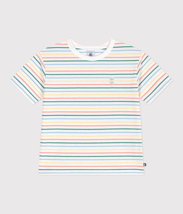 Children's short-sleeved stripy cotton T-shirt white/multicolor