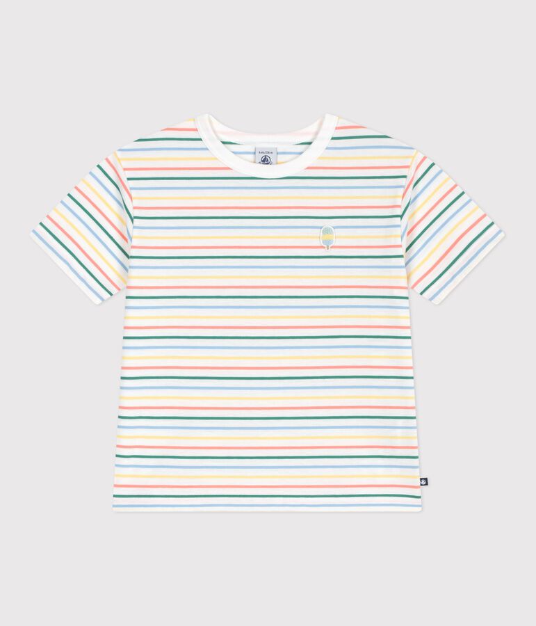 Children's short-sleeved stripy cotton T-shirt white/multicolor