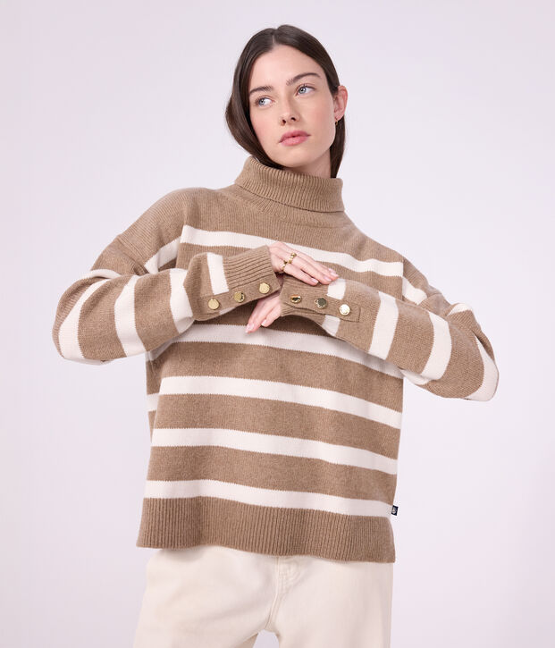 Women's striped wool and cotton roll neck jumper beige/ecru