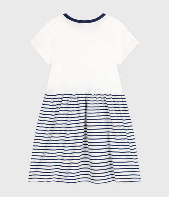 Little girls' cotton short-sleeved dress MARSHMALLOW white/MEDIEVAL blue