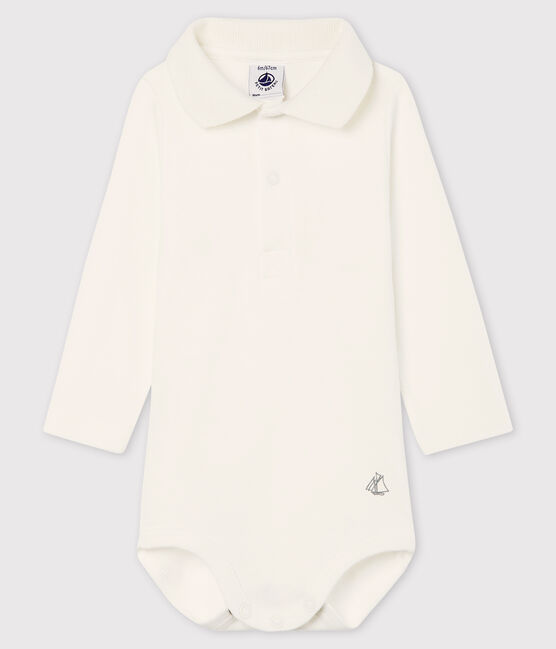Babies' Long-Sleeved Cotton Bodysuit With Polo Shirt Collar MARSHMALLOW white