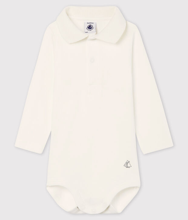 Babies' Long-Sleeved Cotton Bodysuit With Polo Shirt Collar white