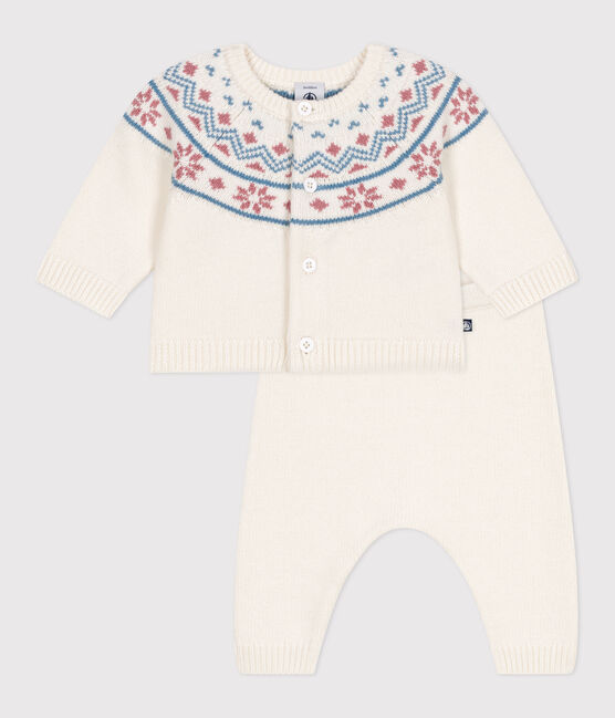 Babies' 2-piece knitted outfit with a jacquard knit cardigan MARSHMALLOW white/CHARME pink