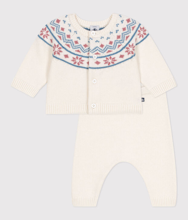 Babies' 2-piece knitted outfit with a jacquard knit cardigan white/pink