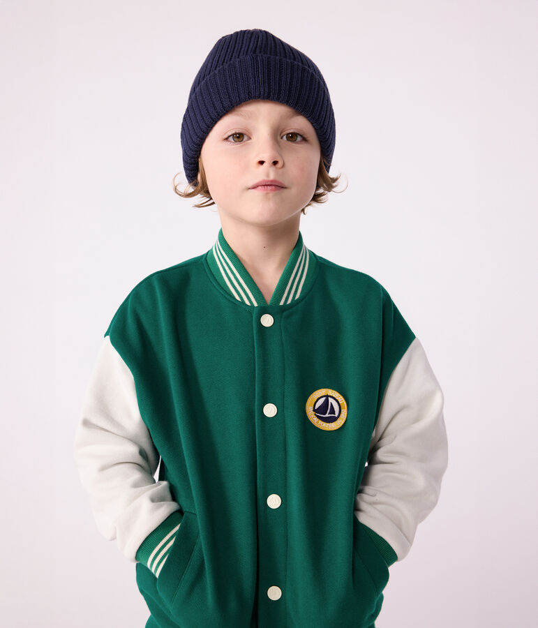 Children's varsity-style jacket in plain cotton green/ecru