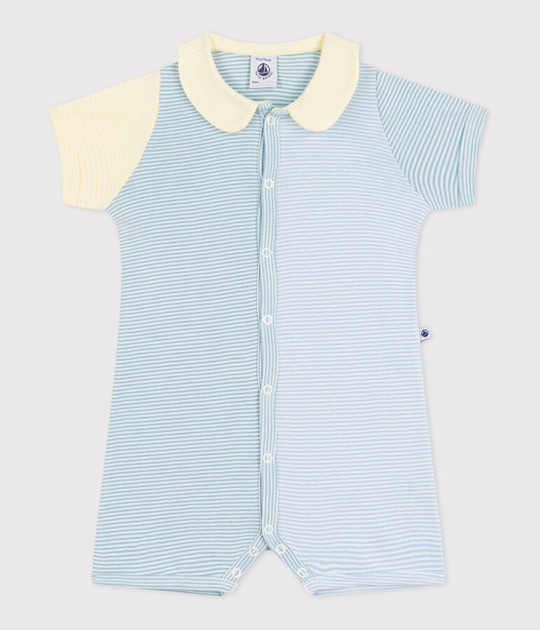 Babies' short cotton playsuit with a collar green/white