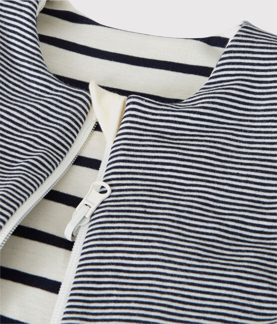 BABIES' STRIPY REVERSIBLE RIB KNIT COTTON TOG 2-RATED SLEEPING BAG COQUILLE beige/ABYSSE blue