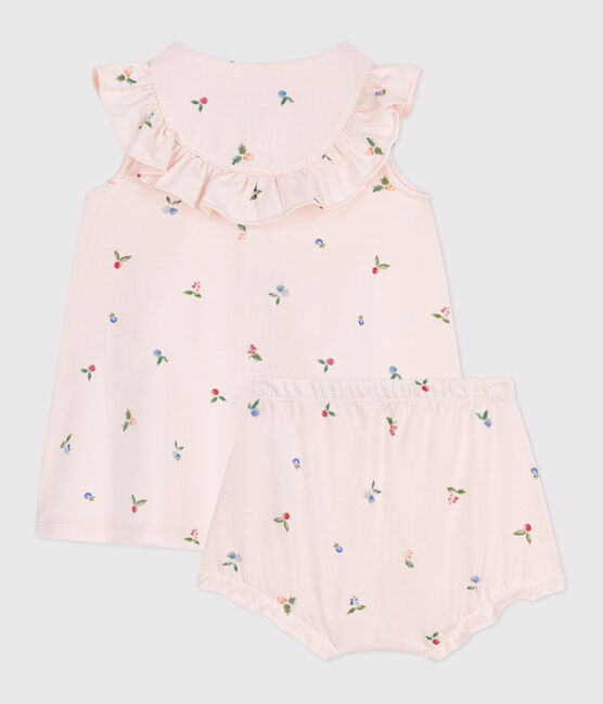 Babies' short-sleeved fruit print cotton dress and bloomers FLEUR pink/MULTICO white
