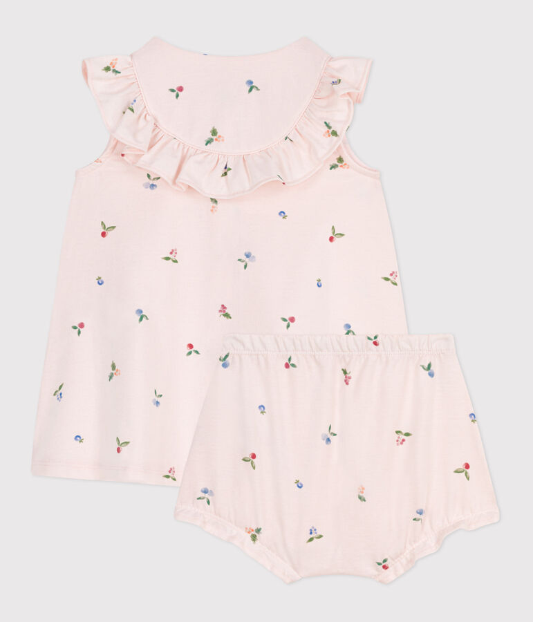 Babies' short-sleeved fruit print cotton dress and bloomers pink/multicolor