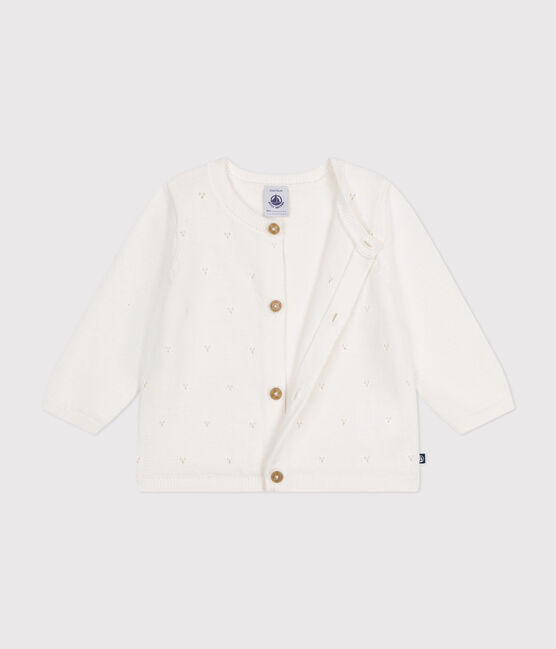 Babies' Openwork Knitted Cotton Cardigan MARSHMALLOW white