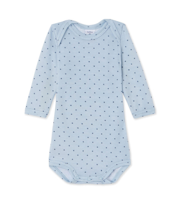 Baby boys' long-sleeved bodysuit in wool and cotton blue/grey