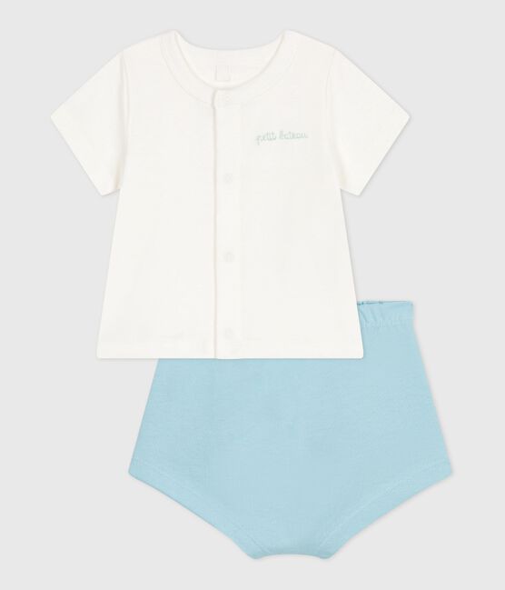 Newborn babies' two-piece cotton set with a plain bottom half MARSHMALLOW blue/AQUATIC